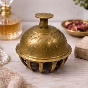 Vintage Handcrafted Brass Claw Bell With Intricate Leaf Engravings & Patina Aged